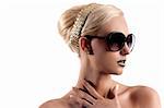 cute and attractive blond girl with sunglasse and hair style looking on one side