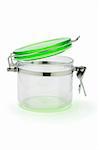 open jar with green cover on white background