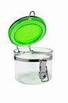 Open glass container with green plastic lid on white background