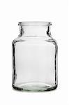 Open empty glass container on white background