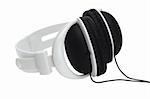 Black and white plastic stereo headphone on white background