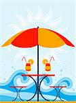 vector background with beach umbrella and drinks on table, Adobe Illustrator 8 format