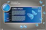 web site design template for company with blue background, white frame, arrows and butterflies