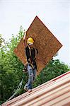 Hispanic carpenter carrying a particle board at a house under construction