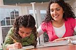 Hispanic woman assisting her daughter while doing homework