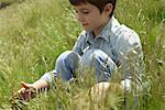 Garçon jouant avec de l'herbe dans le champ