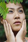 Jeune femme sous les feuilles, en levant