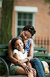 Mother and daughter relaxing in park