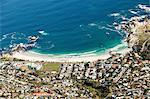 View down to beach of Camps Bay from top of Table Mountain, Cape Town, South Africa