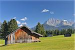 Old Barns and Karwendel Mountain Range, Klais, Werdenfelser Land, Oberbayern, Bavaria, Germany