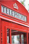 Gros plan du rouge, cabine téléphonique, Londres, Angleterre