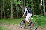 Mountain biker riding through woods