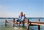 Father and son dangling feet in lake