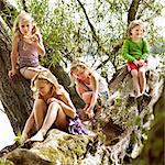 Girls relaxing in tree by lake