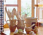 Earthenware receptacles on kitchen counter