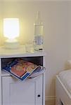 Bottle and glass of water on bedside table