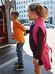 Kids Boarding Streetcar, Toronto, Ontario, Canada