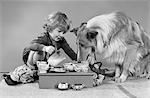 1950s - 1960s LITTLE GIRL POURING MILK AT TEA PARTY FOR COLLIE DOG