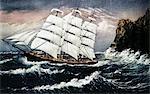 1800s CURRIER AND IVES LITHOGRAPH OFF A LEE SHORE  SQUARE RIGGED SAILING SHIP IN DANGER IN ROUGH WATER