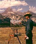 1950s - 1960s MAN ARTIST SMOKING PIPE PAINTING MOUNTAIN LANDSCAPE GRAND TETONS WYOMING