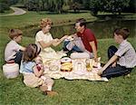 1960s FAMILY MOTHER FATHER DAUGHTER AND TWO SONS PICNICKING IN PARK OUTDOOR