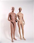 1970s COUPLE NUDE MAN WOMAN FULL FIGURE NAKED BALD MANNEQUIN DUMMY WOODEN UNEMOTIONAL STIFF PLASTIC UNFEELING COLD