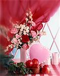 VALENTINE STILL LIFE HEART SHAPED PILLOW APPLES AND FLOWERS BY WINDOW