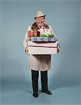 1950s SMILING MAN HAT COAT CARRYING WRAPPED CHRISTMAS PRESENTS