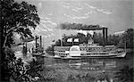 1800s - 1860s STEAMBOATS ROUNDING A BEND ON MISSISSIPPI RIVER PARTING SALUTE CURRIER & IVES LITHOGRAPH 1866