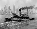 1940s TUGBOAT ON HUDSON RIVER WITH NEW YORK CITY SKYLINE IN SMOKEY BACKGROUND OUTDOOR