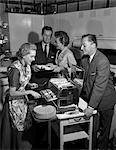 1950s 2 COUPLES IN KITCHEN WOMAN COOKING HAM & EGGS IN CHROME BROILER