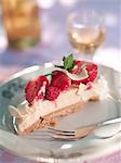 Strawberries cake slice on plate, clsoe-up