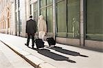 Businessmen rolling luggage outdoors