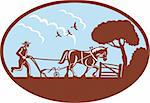 illustration of a farmer and horse plowing field retro style.