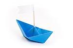blue origami boat with flag (real papper)