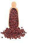 Aduki bean pulses in a wooden kitchen scoop and scattered isolated over white background.