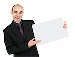happy young business man holding a blank board for texting against white