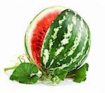 juicy watermelon in cut with green leaf isolated on white background