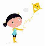 Cute little Child flying Kite. Vector cartoon illustration.