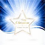 Shiny golden star with the words 'Merry Christmas and a happy new year" over blue light burst with sparkling stars. EPS10