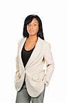 Successful black businesswoman standing isolated on white background