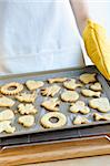 Chef  holding cookie tray with fresh baked homemade shortbread cookies