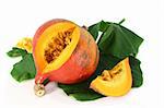 a pumpkin with leaves and flowers on a white background