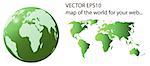 green vector illustration of 3D globe and map of the world isolated over white background