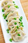 Plate of cooked chinese dumplings in a row