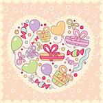 gifts, balloons in heart, vector illustration