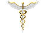 Golden caduceus medical symbol isolated on a white background.