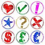 Various rubber stamp symbols. Pound, Dollar, Euro, Tick, Cross, Exclamation, Question, Star. Also available as a Vector in Adobe illustrator EPS format, compressed in a zip file