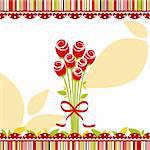 Springtime love greeting card with red rose flowers on colorful striped background