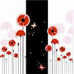 Abstract red poppy and butterfly on black and white background